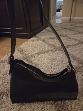 Black Leather Shoulder Bag with Gold Hardware